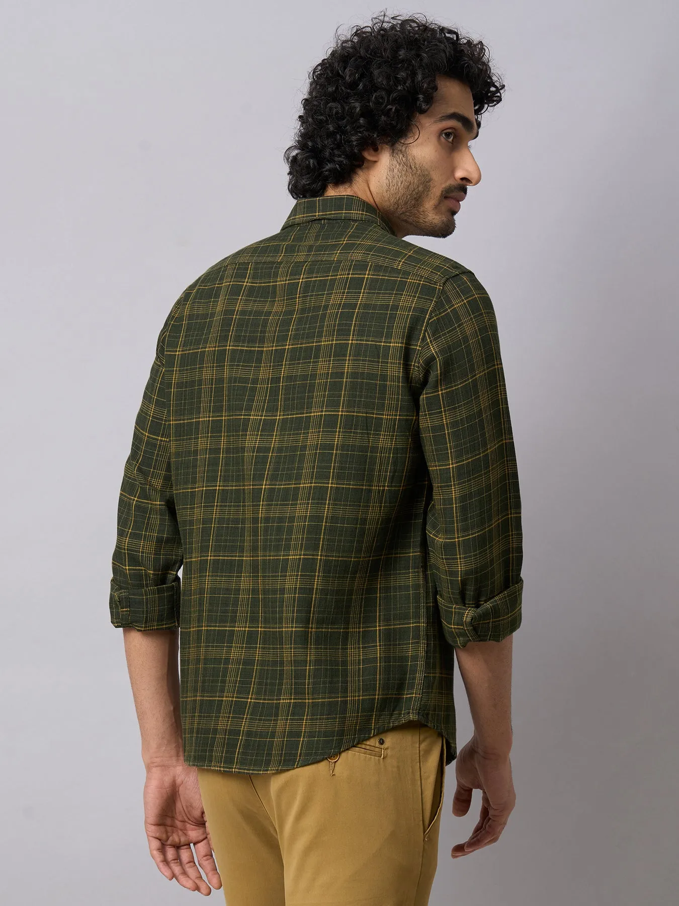 Cotton Lyocell Olive Checkered Slim Fit Full Sleeve Casual Shirt