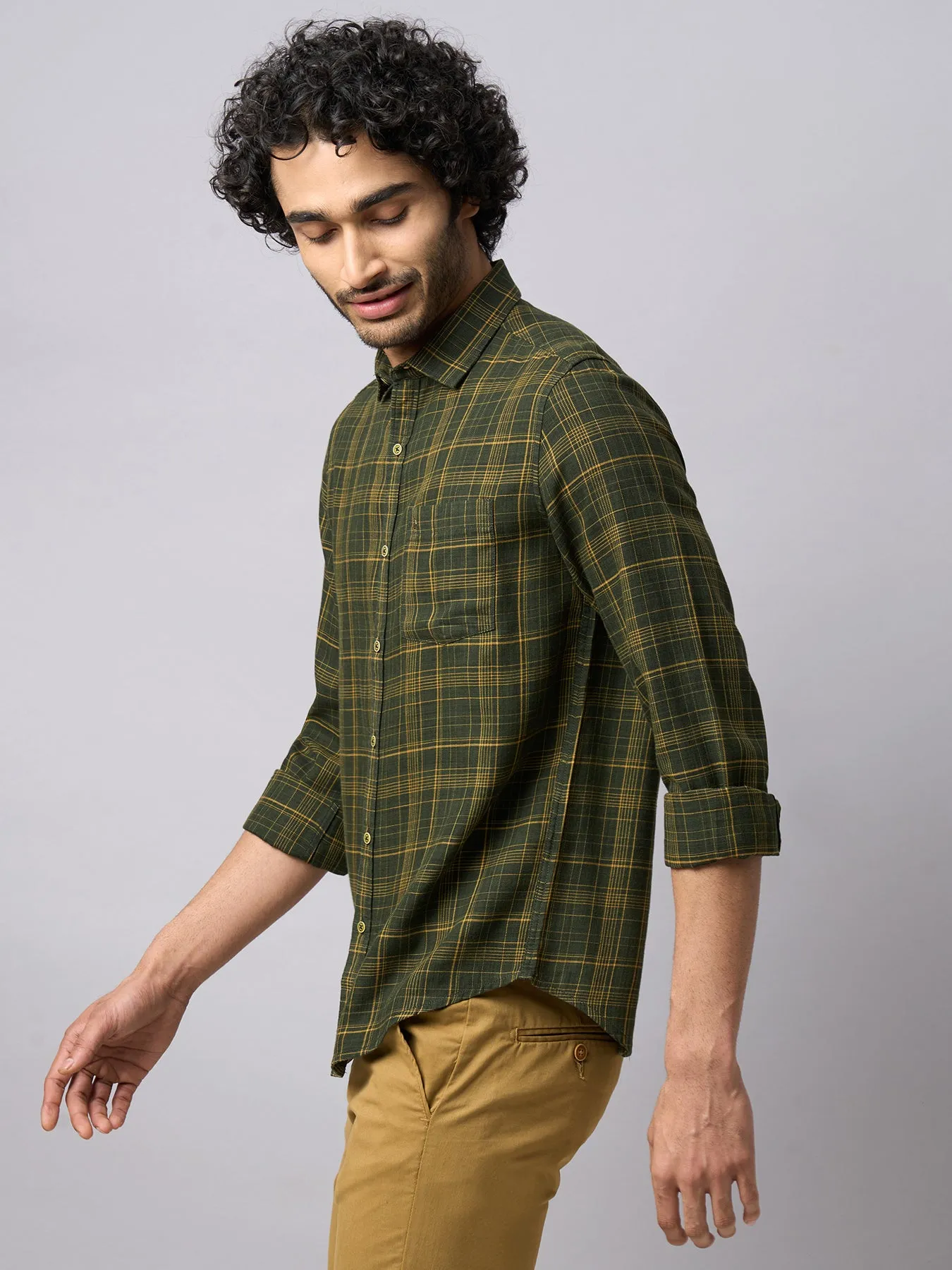 Cotton Lyocell Olive Checkered Slim Fit Full Sleeve Casual Shirt