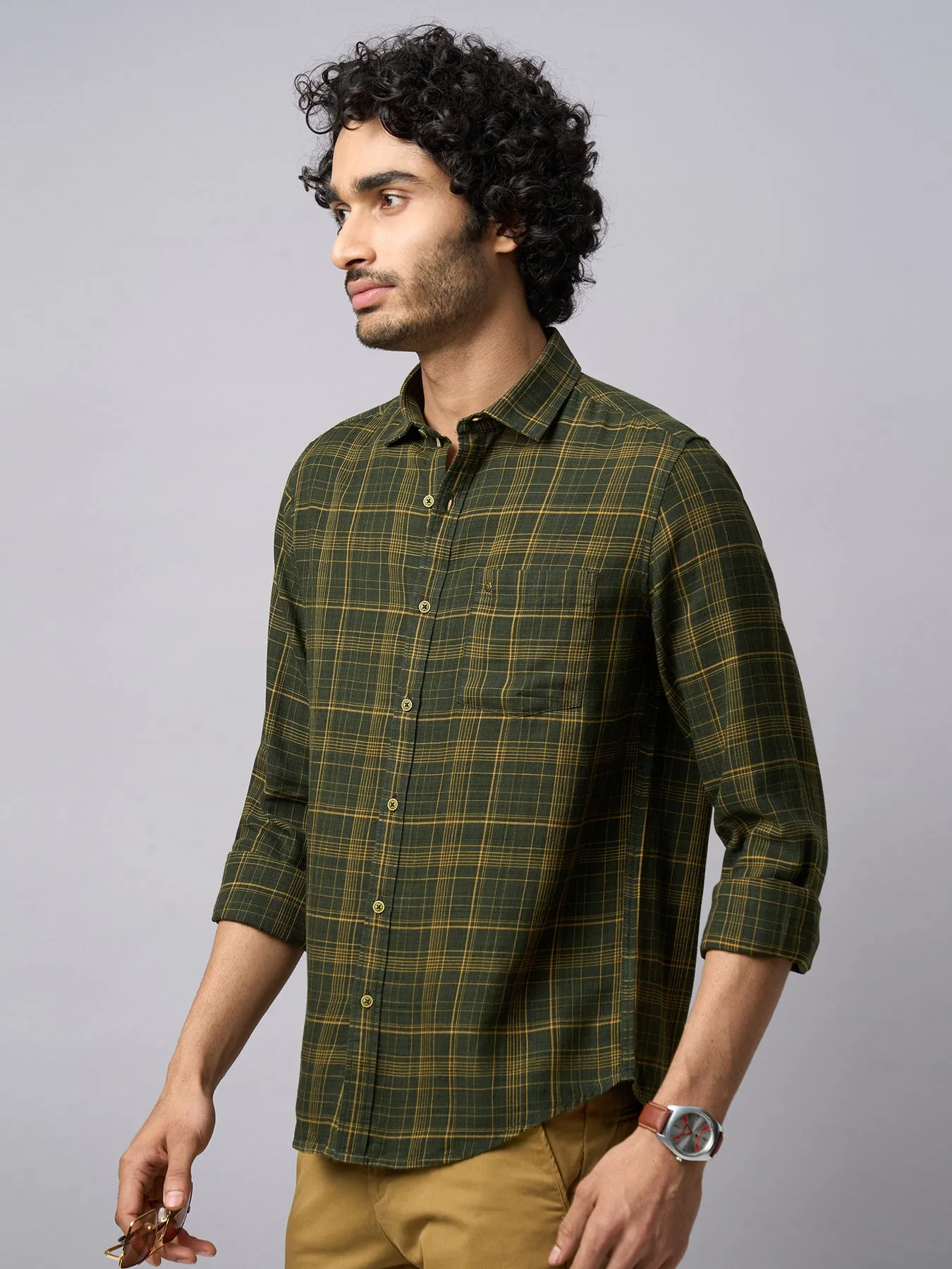Cotton Lyocell Olive Checkered Slim Fit Full Sleeve Casual Shirt