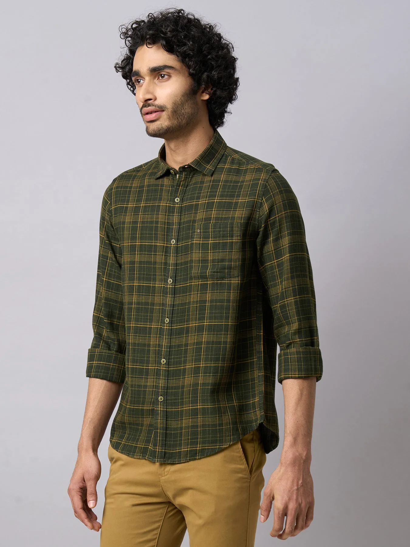 Cotton Lyocell Olive Checkered Slim Fit Full Sleeve Casual Shirt