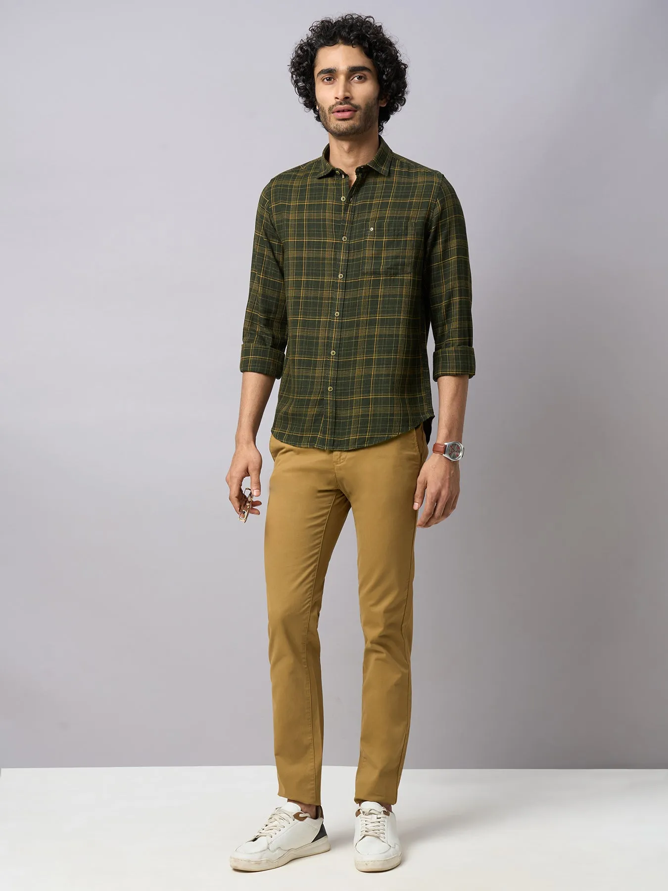 Cotton Lyocell Olive Checkered Slim Fit Full Sleeve Casual Shirt