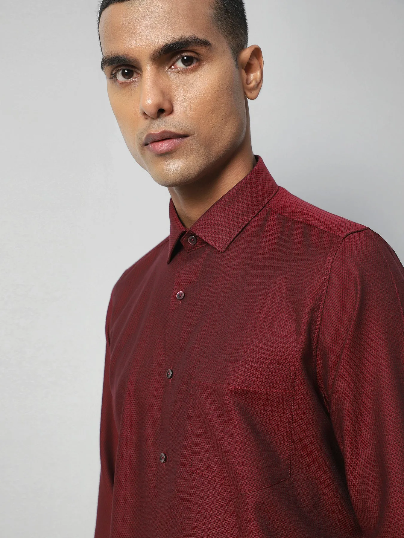 Cotton Maroon Dobby Full Sleeve Formal Shirt
