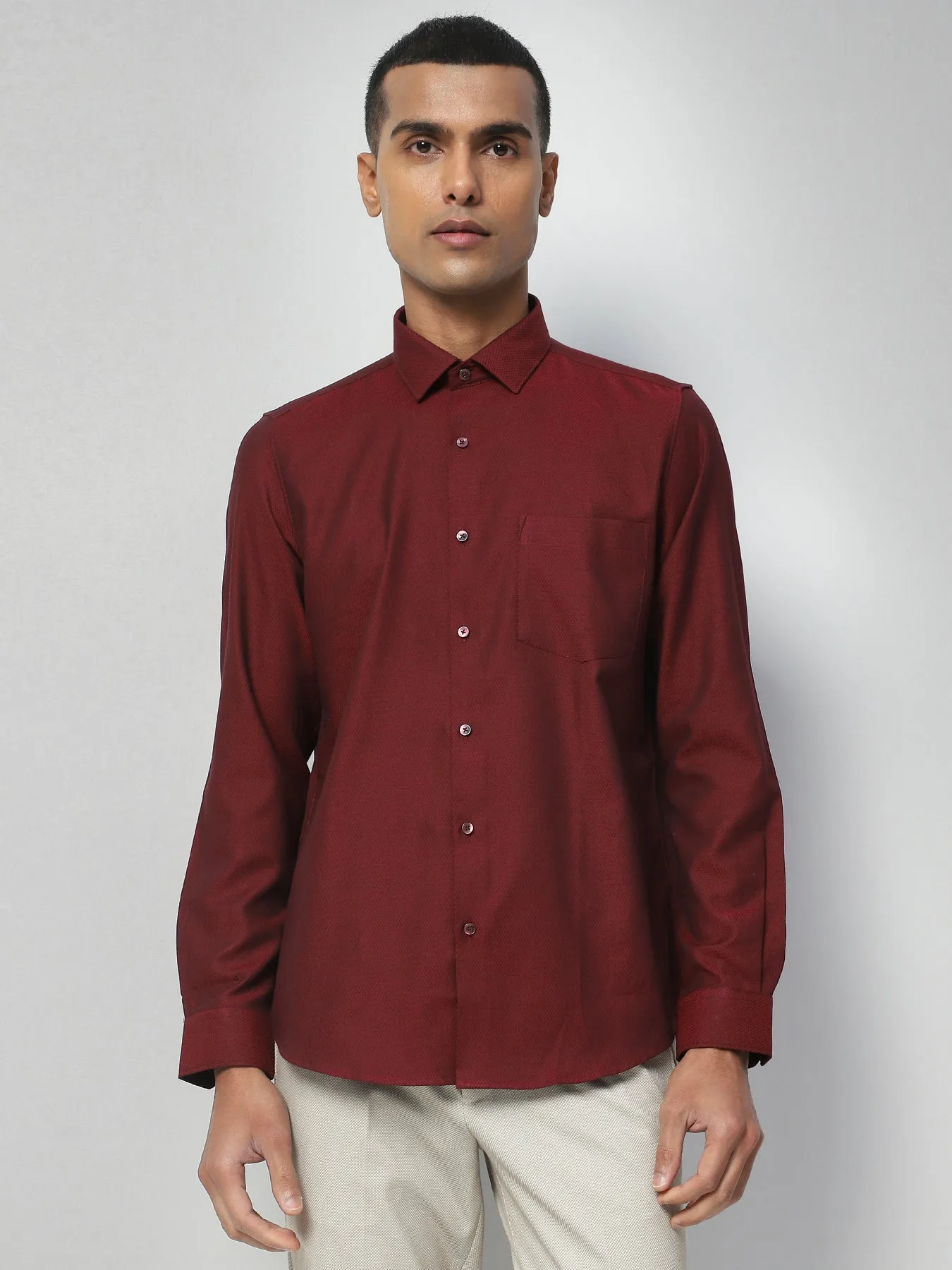 Cotton Maroon Dobby Full Sleeve Formal Shirt