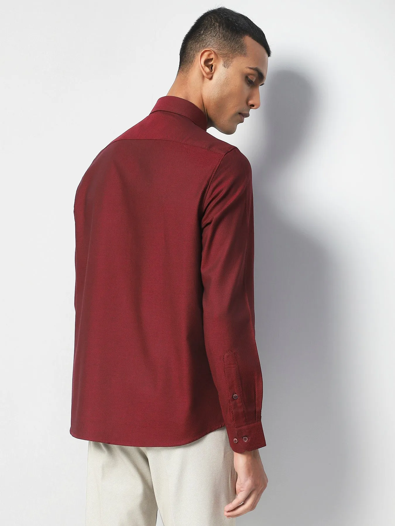 Cotton Maroon Dobby Full Sleeve Formal Shirt