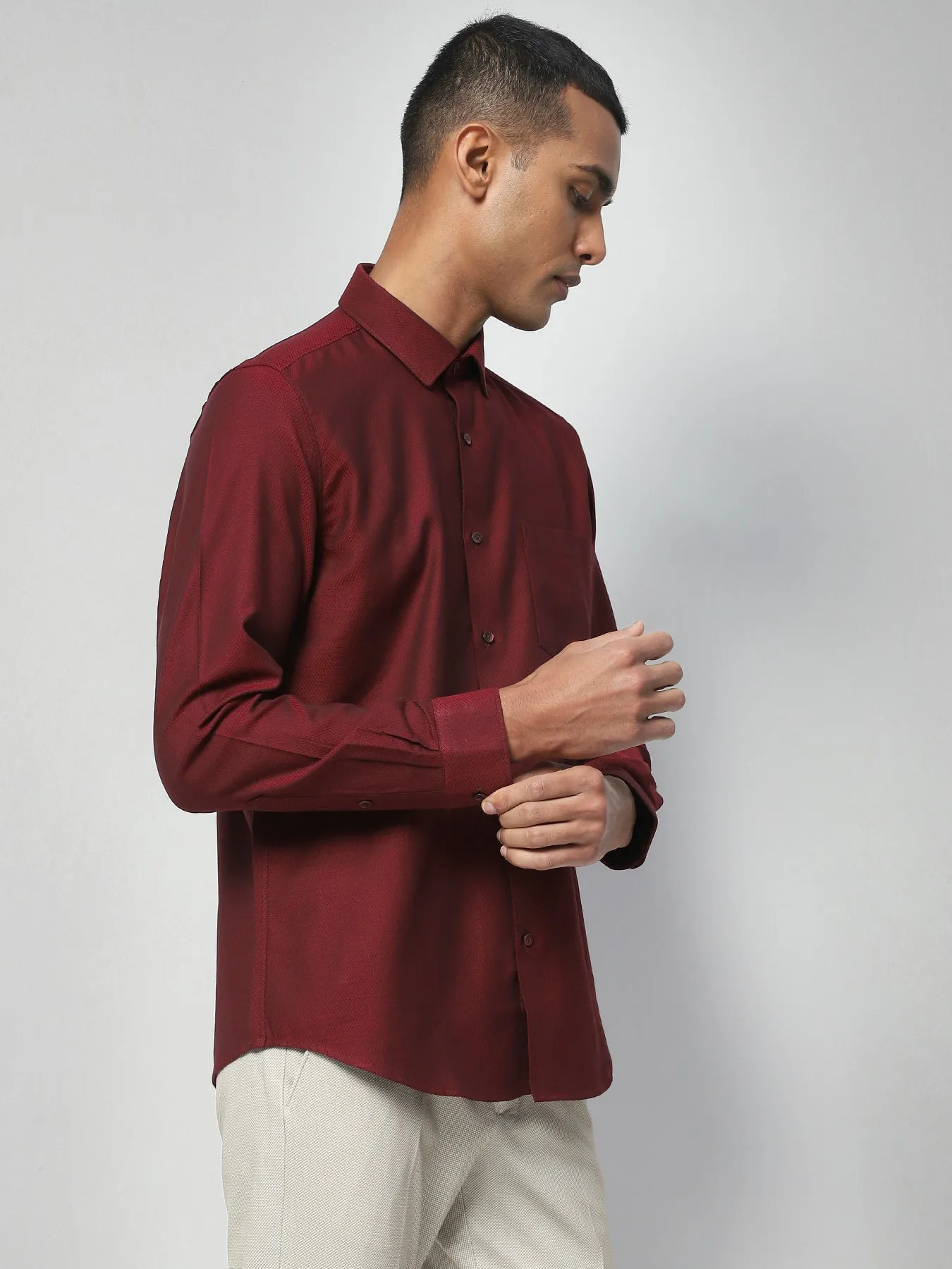 Cotton Maroon Dobby Full Sleeve Formal Shirt