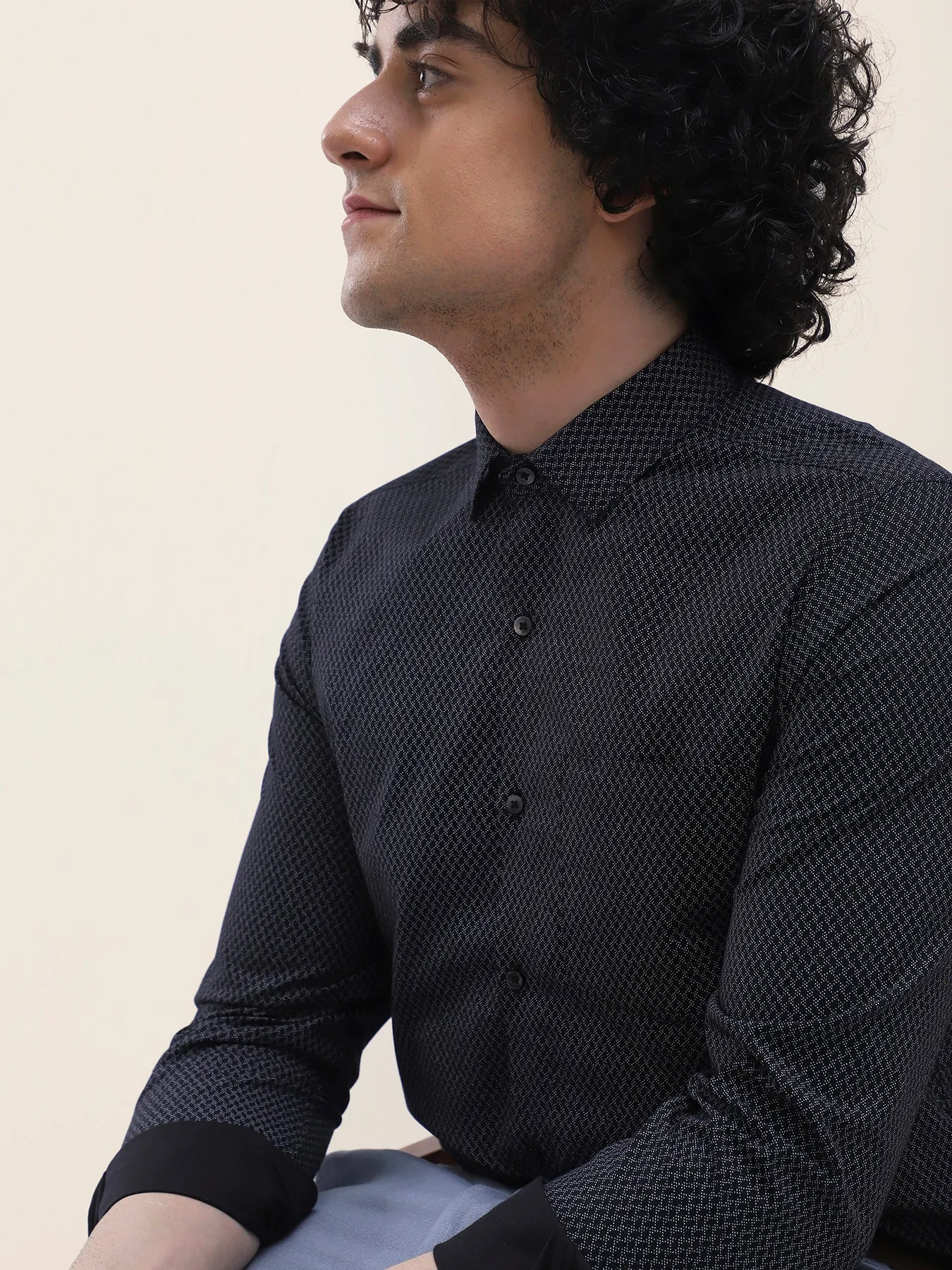 Cotton Tencel Black Printed Full Sleeve Formal Shirt