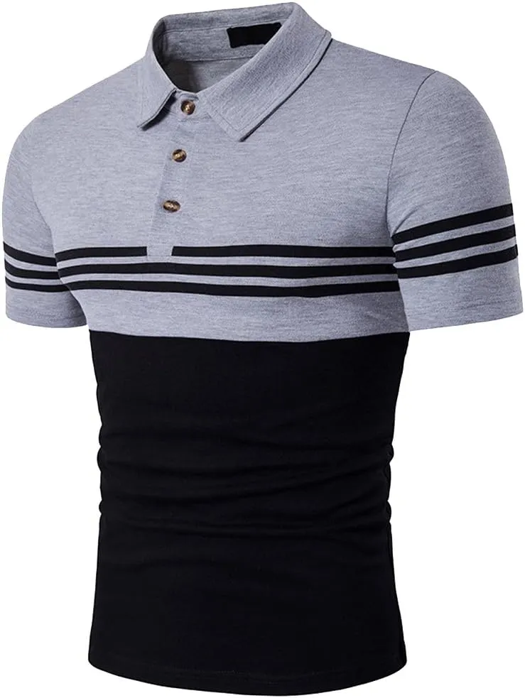 COTTORY Men's Fashion Stripe Contrast Color Short Sleeve Polo T Shirt
