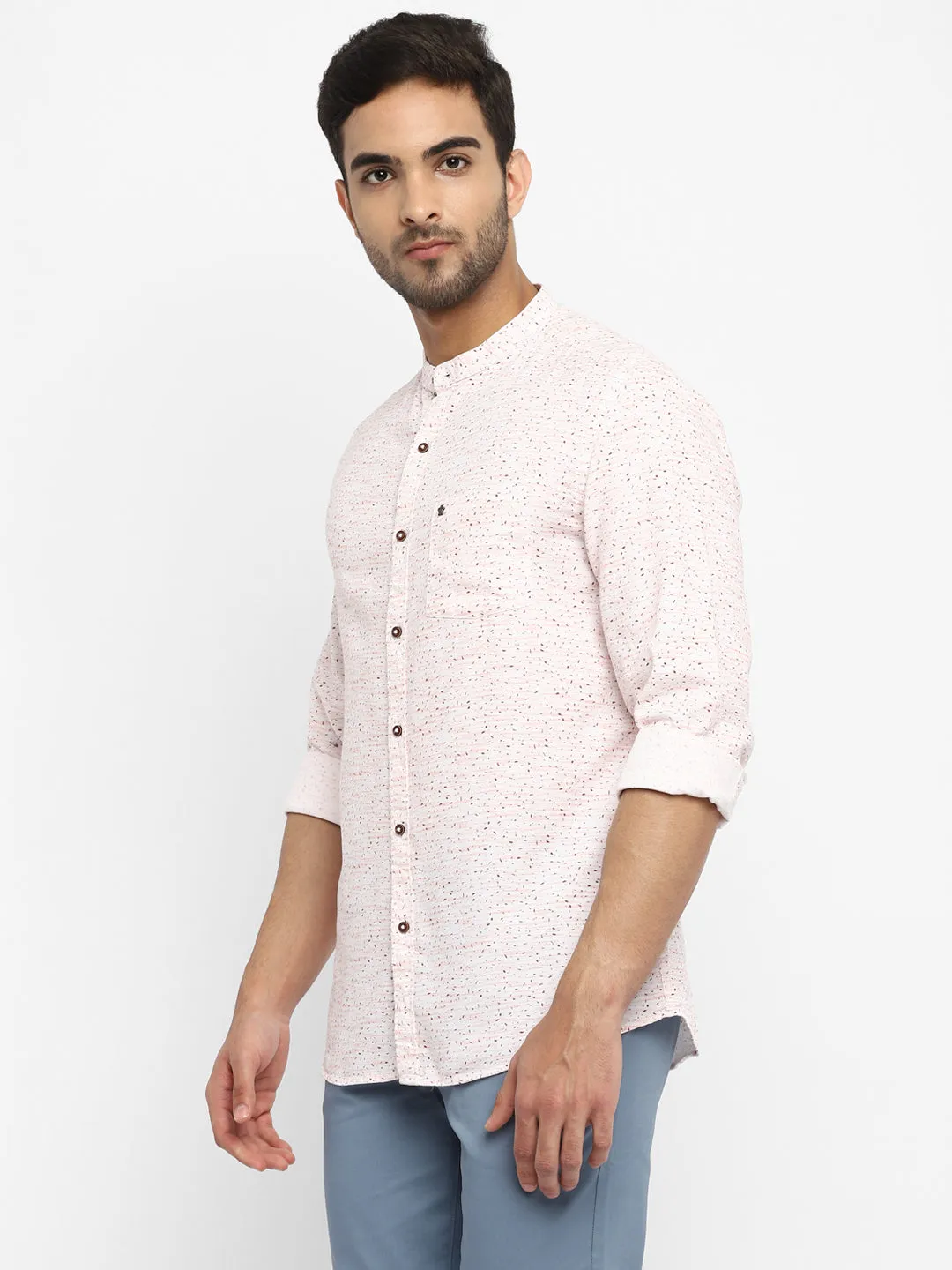 Cream Cotton Printed Slim Fit Shirt