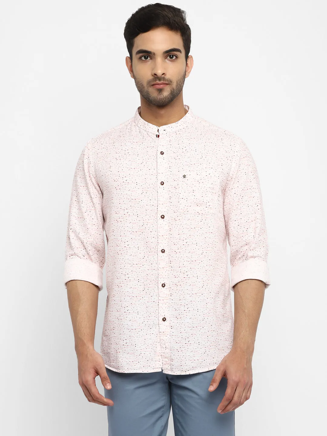 Cream Cotton Printed Slim Fit Shirt
