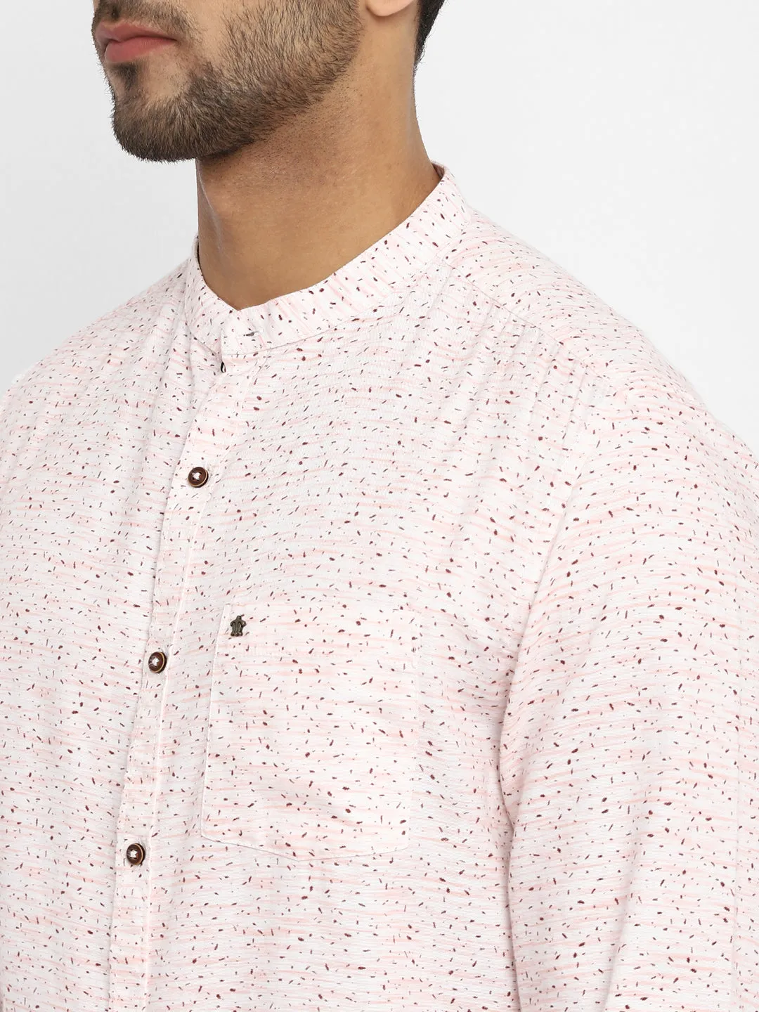Cream Cotton Printed Slim Fit Shirt