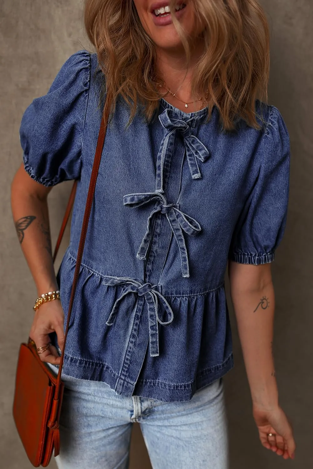 Deer Lady Women's Blouses Tie Front Babydoll Bubble Short Sleeve Shirt Peplum Crewneck Denim Shirt