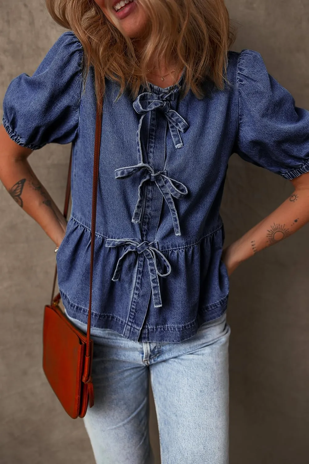 Deer Lady Women's Blouses Tie Front Babydoll Bubble Short Sleeve Shirt Peplum Crewneck Denim Shirt