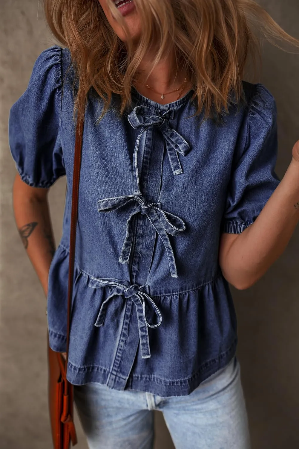 Deer Lady Women's Blouses Tie Front Babydoll Bubble Short Sleeve Shirt Peplum Crewneck Denim Shirt