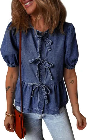 Deer Lady Women's Blouses Tie Front Babydoll Bubble Short Sleeve Shirt Peplum Crewneck Denim Shirt