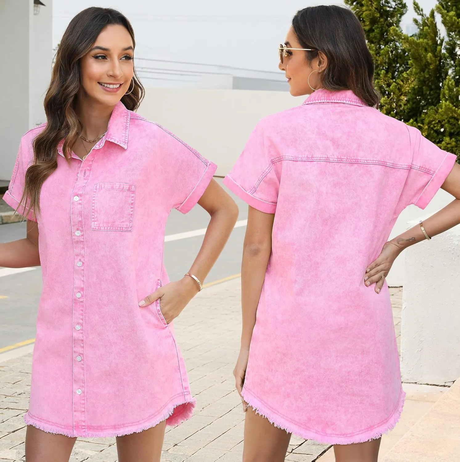 Denim Dress for Women Midi Jean Shirt Dresses Button Down Short Sleeve Summer Womens Jeans Babydoll Pockets