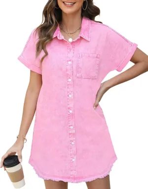 Denim Dress for Women Midi Jean Shirt Dresses Button Down Short Sleeve Summer Womens Jeans Babydoll Pockets