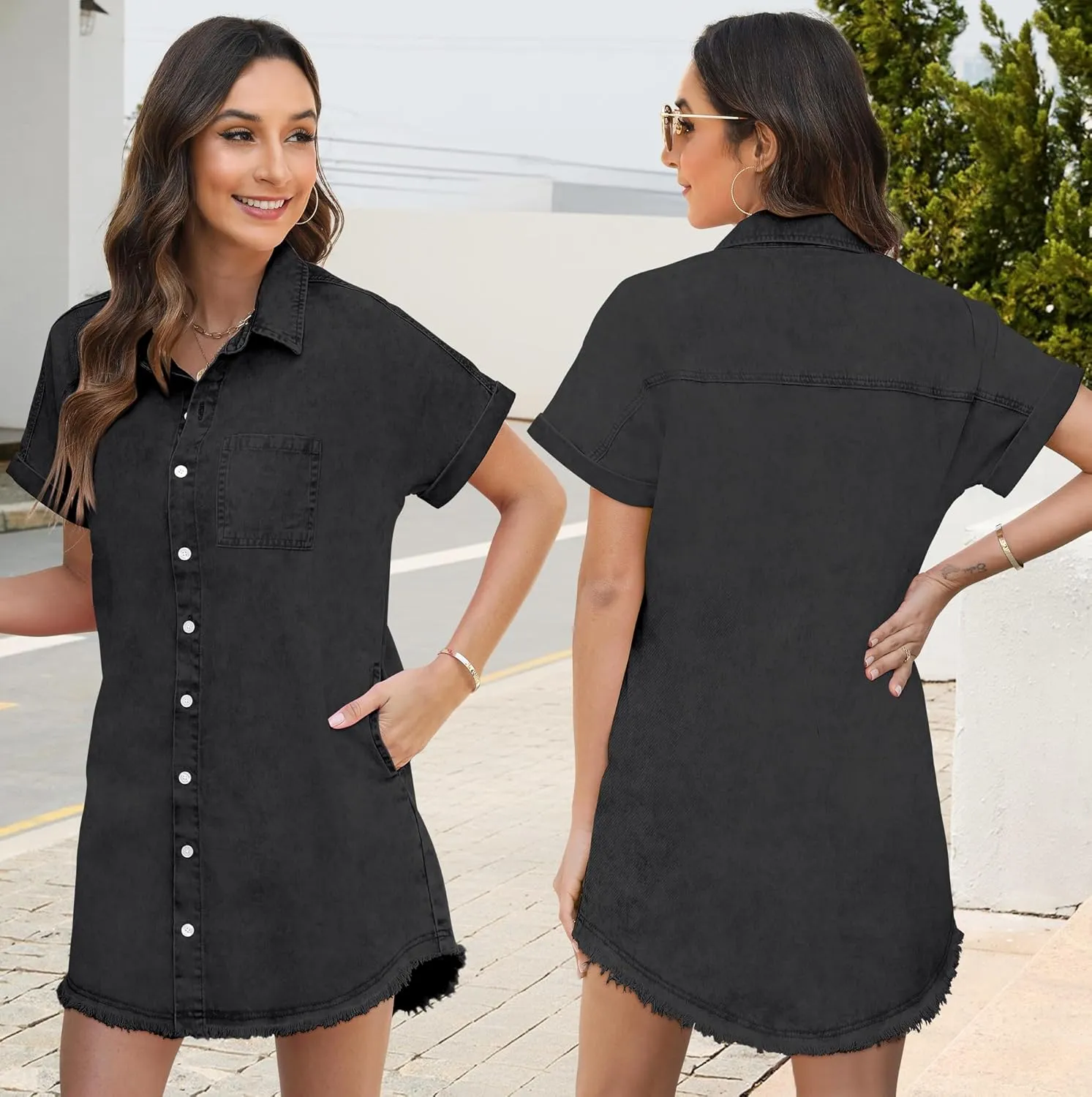 Denim Dress for Women Midi Jean Shirt Dresses Button Down Short Sleeve Summer Womens Jeans Babydoll Pockets