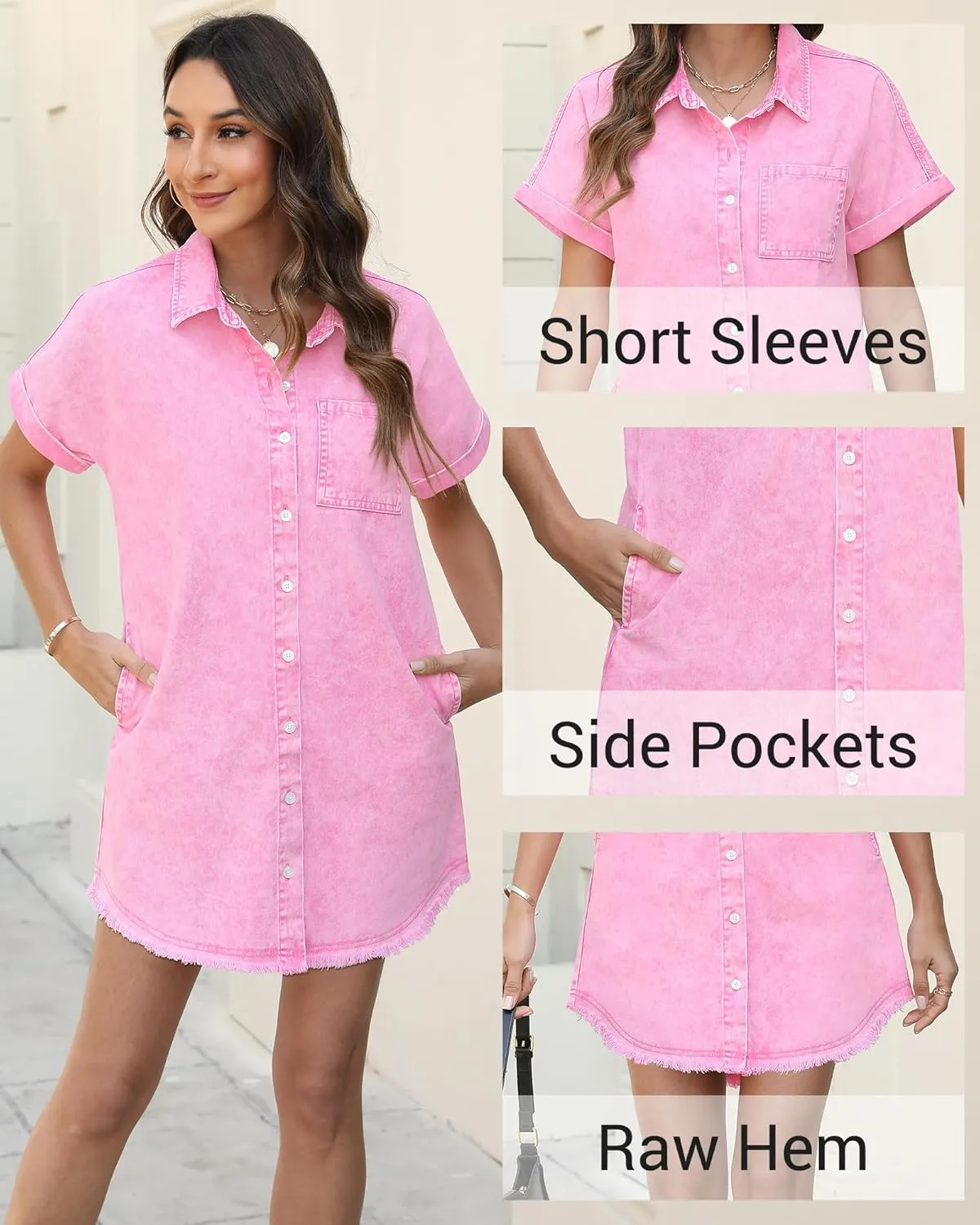 Denim Dress for Women Midi Jean Shirt Dresses Button Down Short Sleeve Summer Womens Jeans Babydoll Pockets