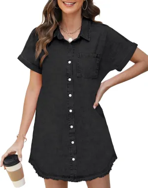 Denim Dress for Women Midi Jean Shirt Dresses Button Down Short Sleeve Summer Womens Jeans Babydoll Pockets