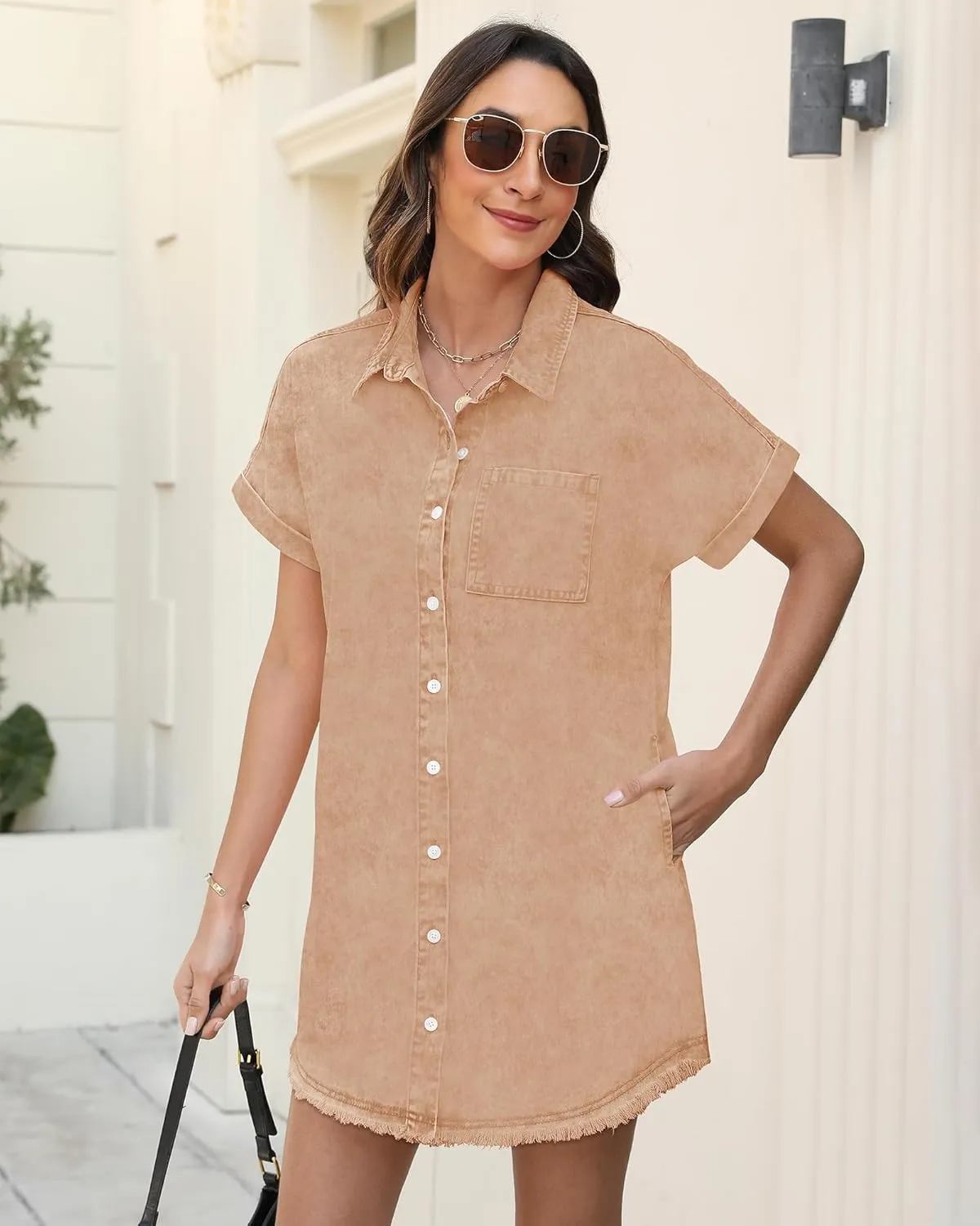 Denim Dress for Women Midi Jean Shirt Dresses Button Down Short Sleeve Summer Womens Jeans Babydoll Pockets