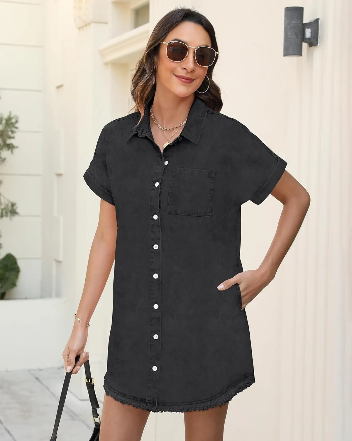 Denim Dress for Women Midi Jean Shirt Dresses Button Down Short Sleeve Summer Womens Jeans Babydoll Pockets