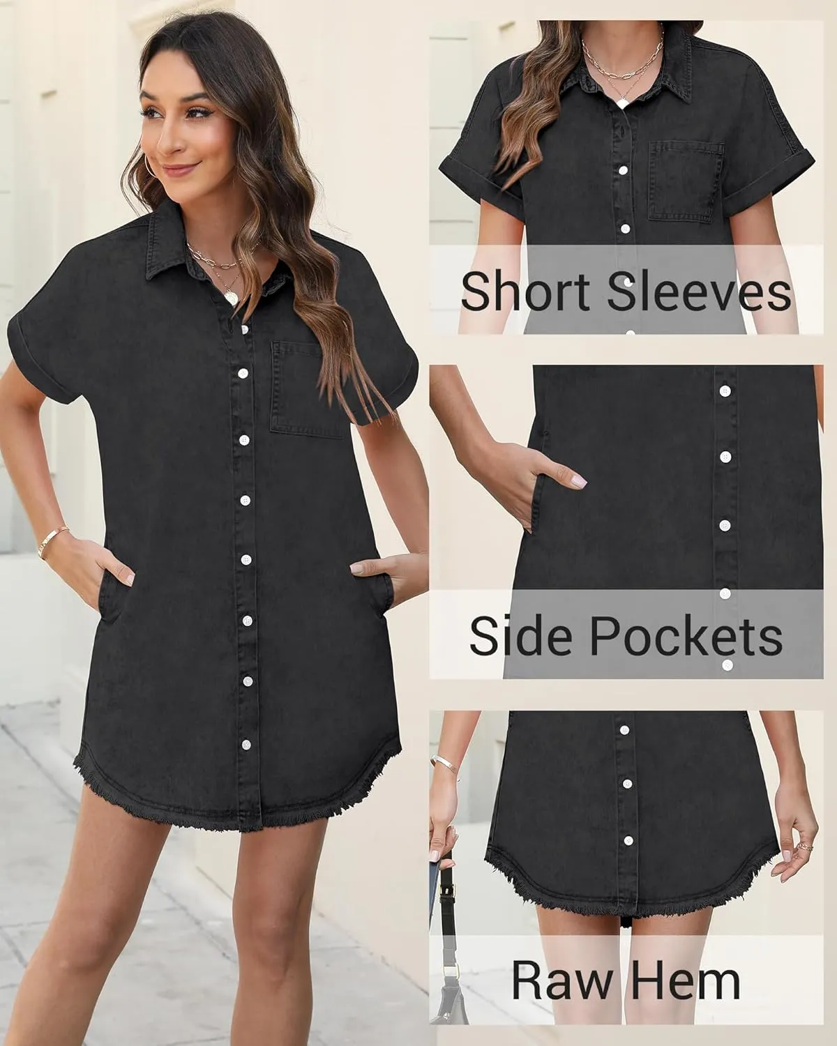 Denim Dress for Women Midi Jean Shirt Dresses Button Down Short Sleeve Summer Womens Jeans Babydoll Pockets