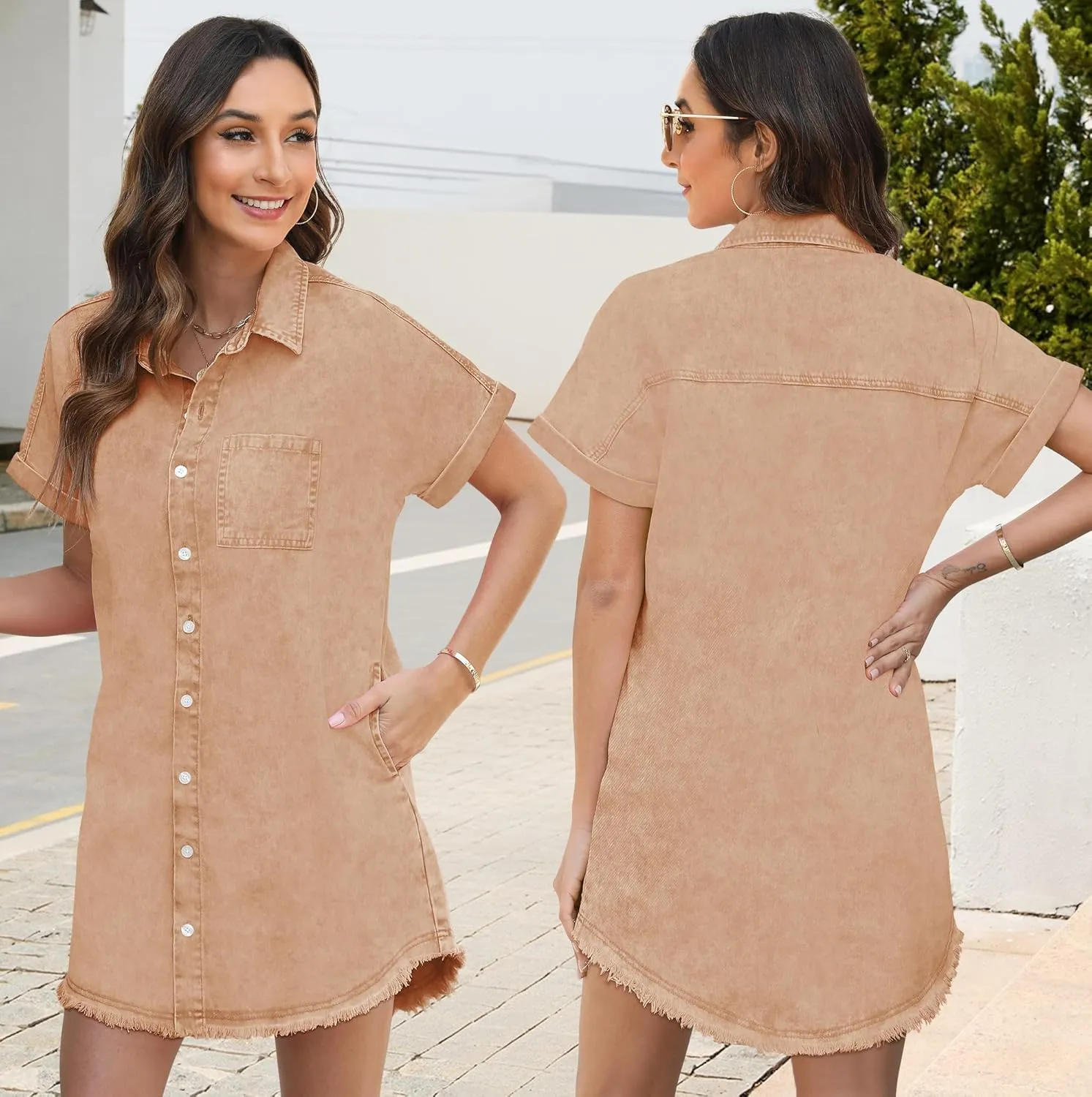 Denim Dress for Women Midi Jean Shirt Dresses Button Down Short Sleeve Summer Womens Jeans Babydoll Pockets