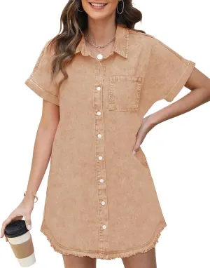 Denim Dress for Women Midi Jean Shirt Dresses Button Down Short Sleeve Summer Womens Jeans Babydoll Pockets