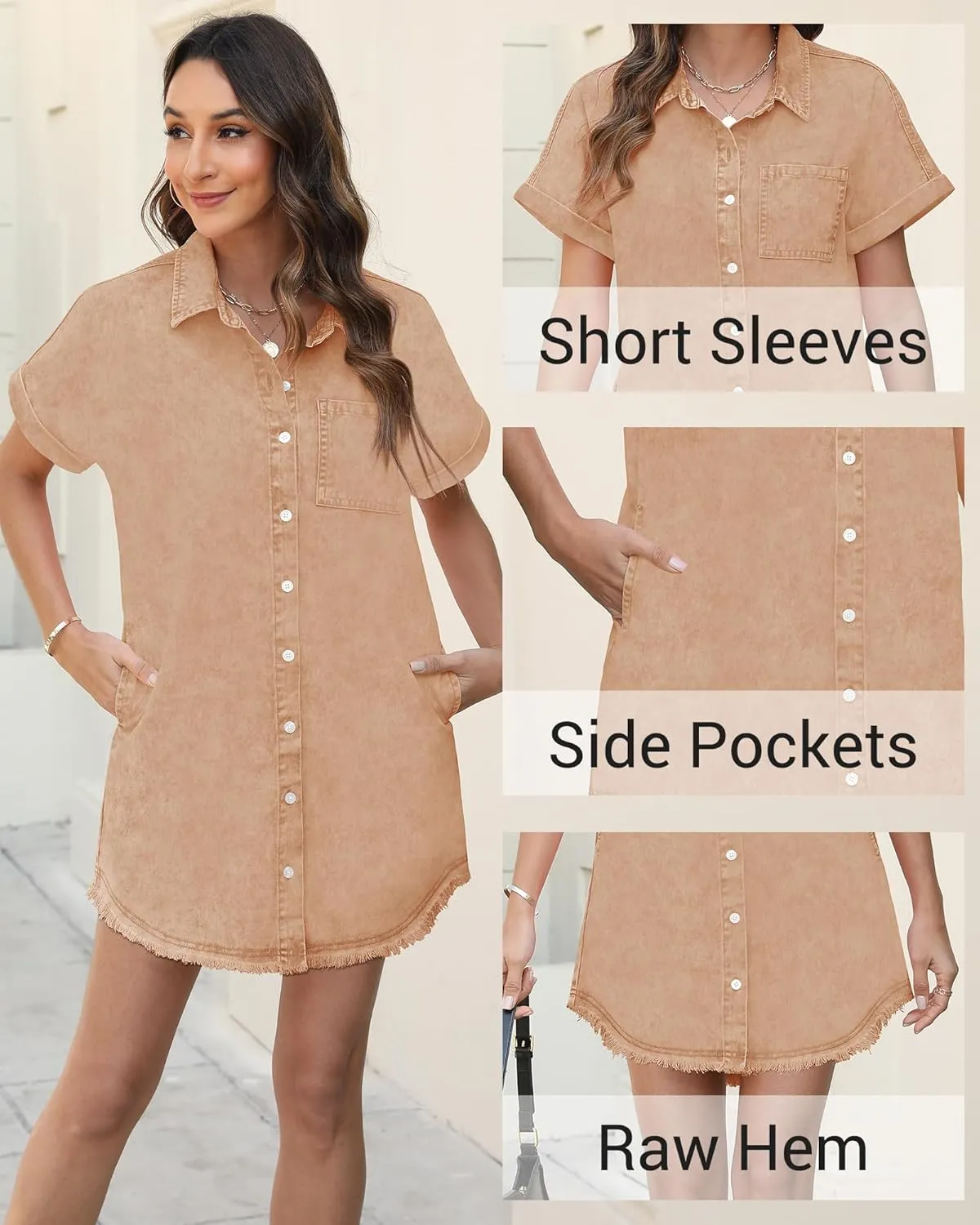 Denim Dress for Women Midi Jean Shirt Dresses Button Down Short Sleeve Summer Womens Jeans Babydoll Pockets