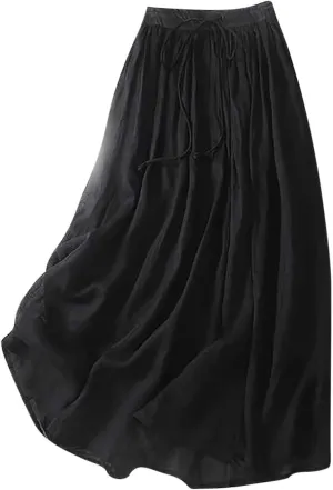 Flowy Cotton Linen Skirt for Women High Waist Drawstring Maxi Skirts Lightweight Casual Boho Skirt Clothes