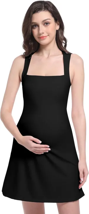 Foucome Maternity Tennis Dress Square Neck Athletic Dress Sleeveless Tank Dress Stretch A-line Mini Dresses