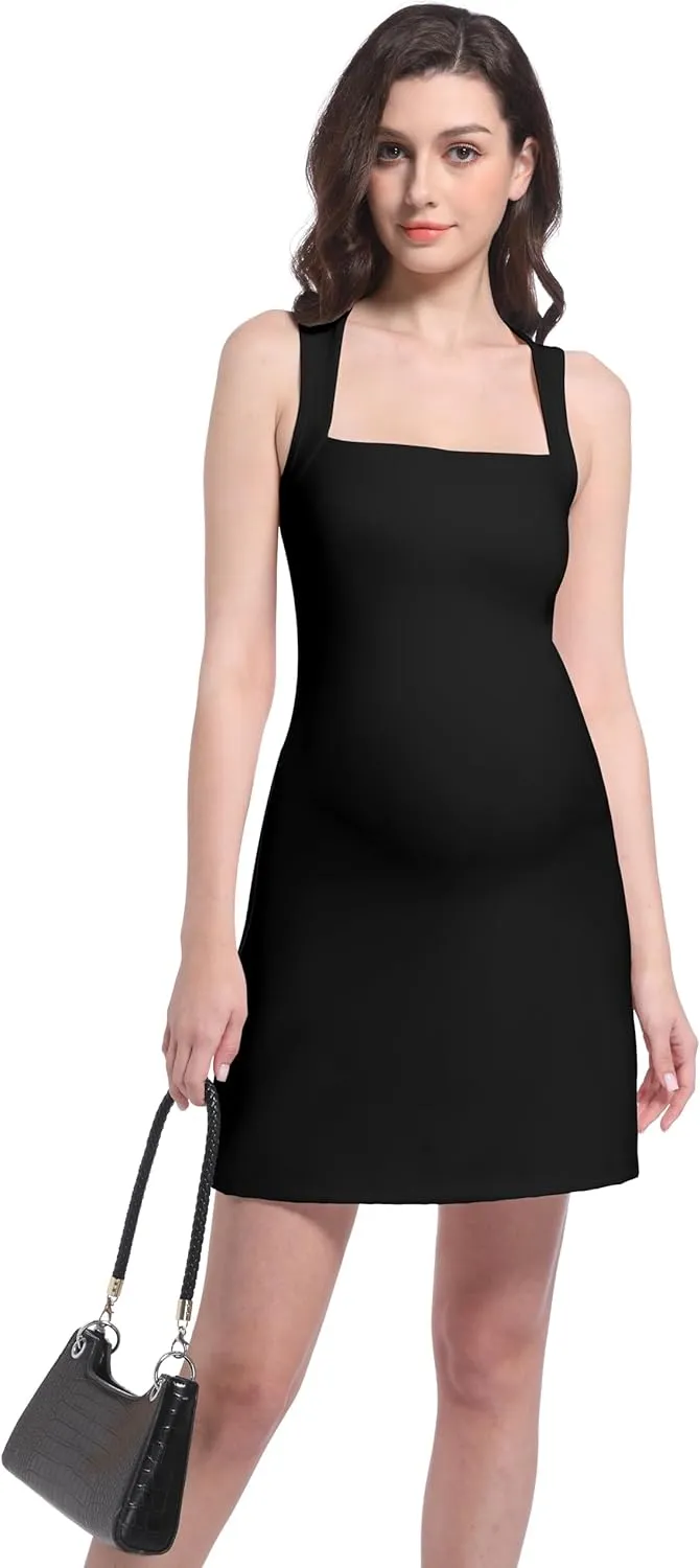 Foucome Maternity Tennis Dress Square Neck Athletic Dress Sleeveless Tank Dress Stretch A-line Mini Dresses