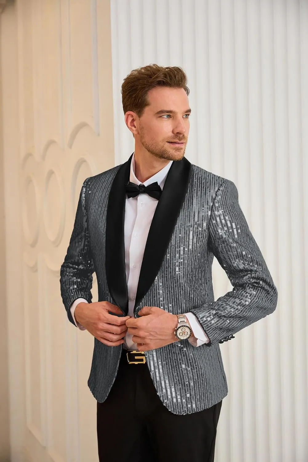 GRACE KARIN Mens Shiny Sequin Blazer One Button Suit Jacket Shawl Lapel Tuxedo Party Dinner Prom