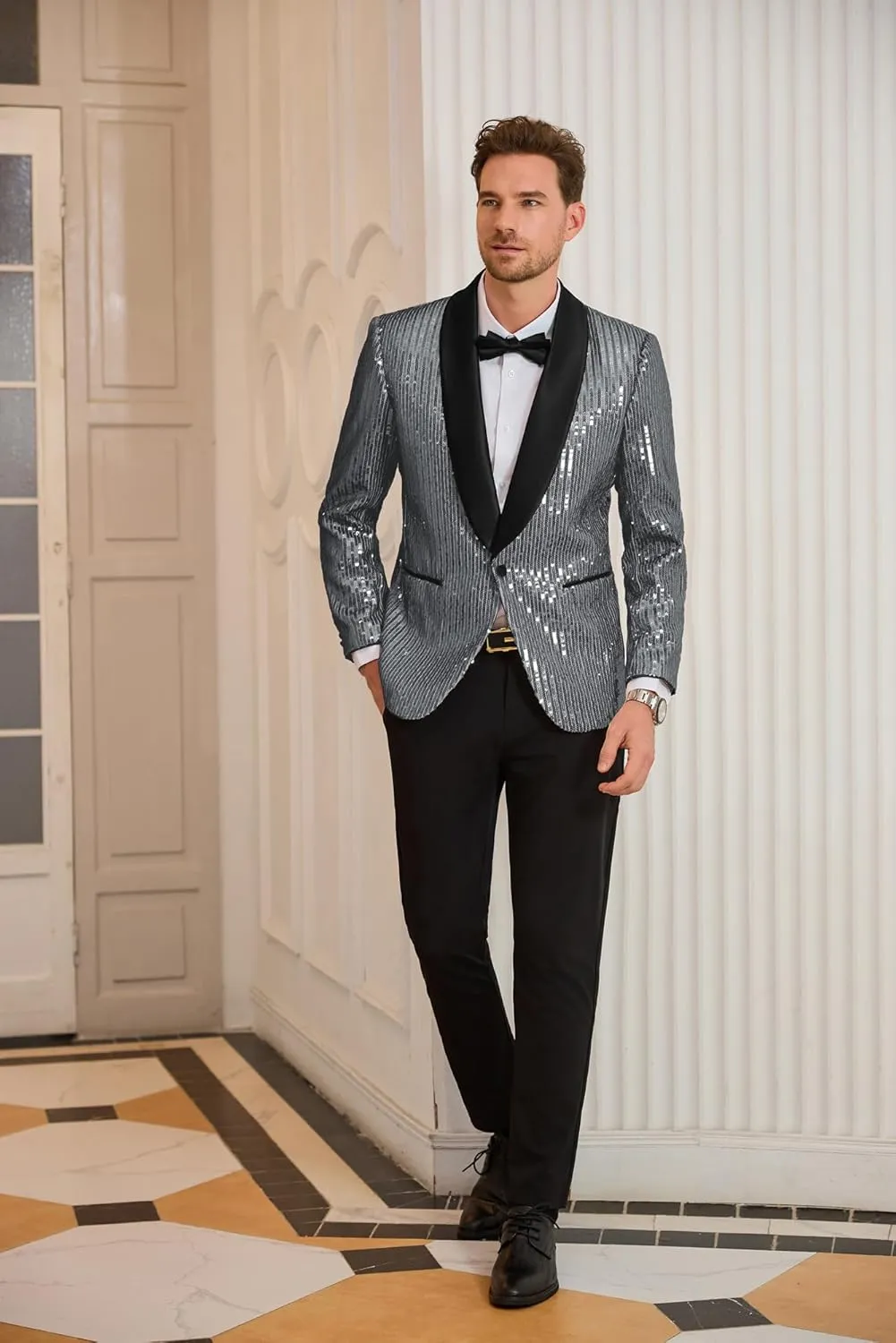 GRACE KARIN Mens Shiny Sequin Blazer One Button Suit Jacket Shawl Lapel Tuxedo Party Dinner Prom