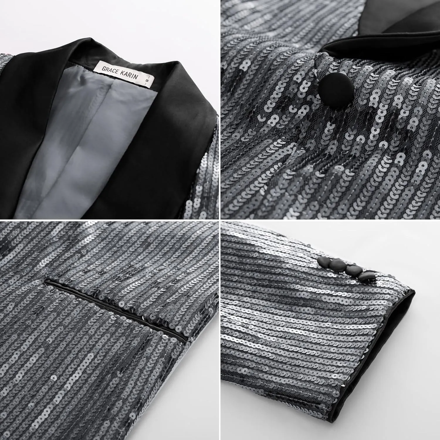 GRACE KARIN Mens Shiny Sequin Blazer One Button Suit Jacket Shawl Lapel Tuxedo Party Dinner Prom
