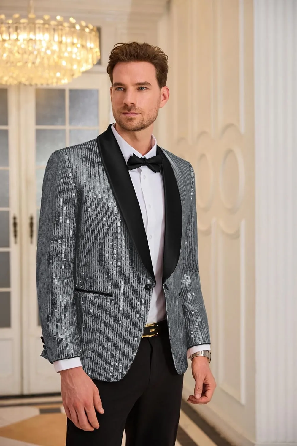 GRACE KARIN Mens Shiny Sequin Blazer One Button Suit Jacket Shawl Lapel Tuxedo Party Dinner Prom