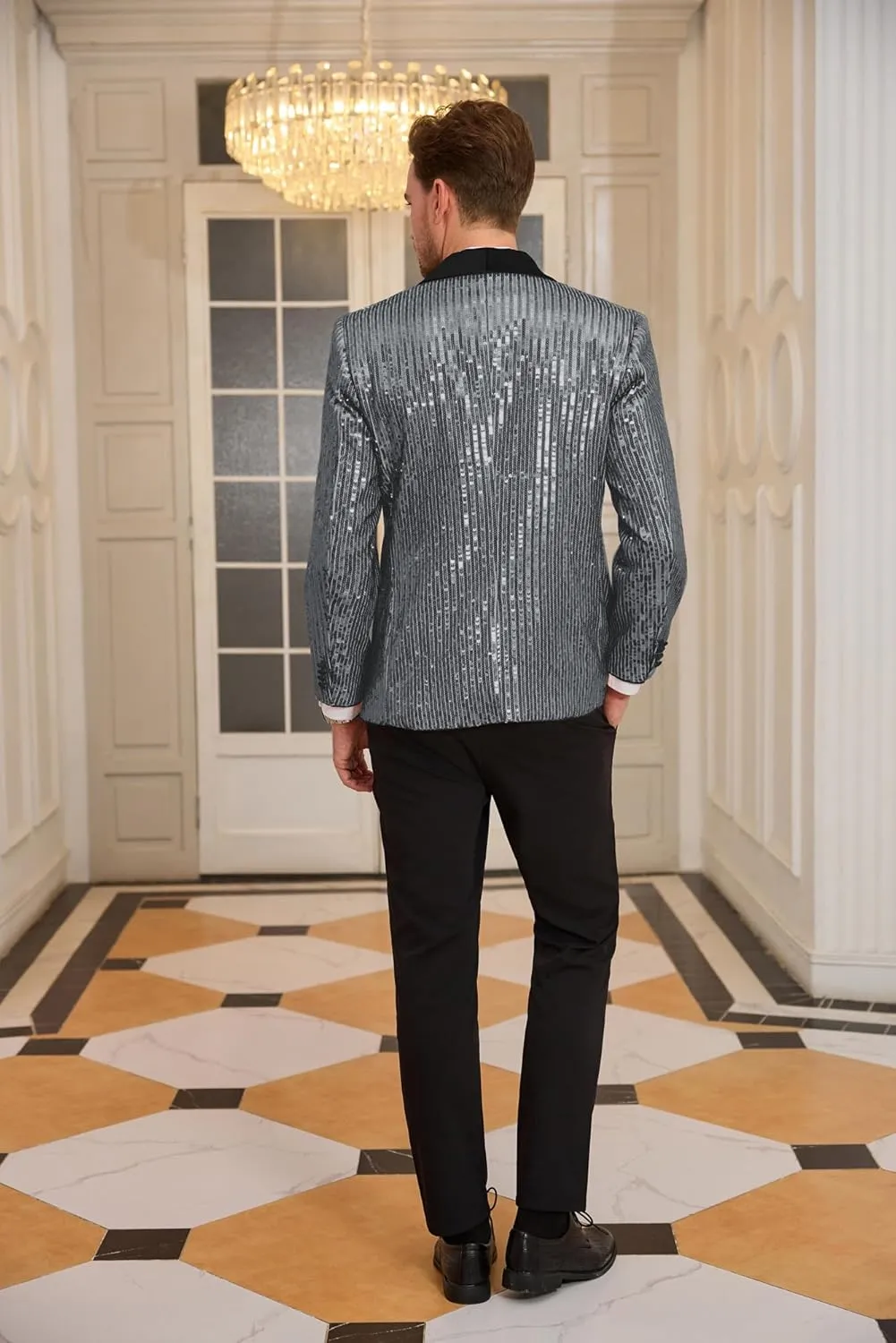 GRACE KARIN Mens Shiny Sequin Blazer One Button Suit Jacket Shawl Lapel Tuxedo Party Dinner Prom