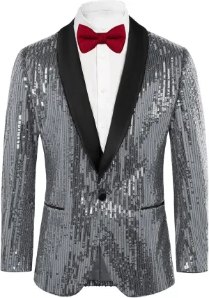 GRACE KARIN Mens Shiny Sequin Blazer One Button Suit Jacket Shawl Lapel Tuxedo Party Dinner Prom