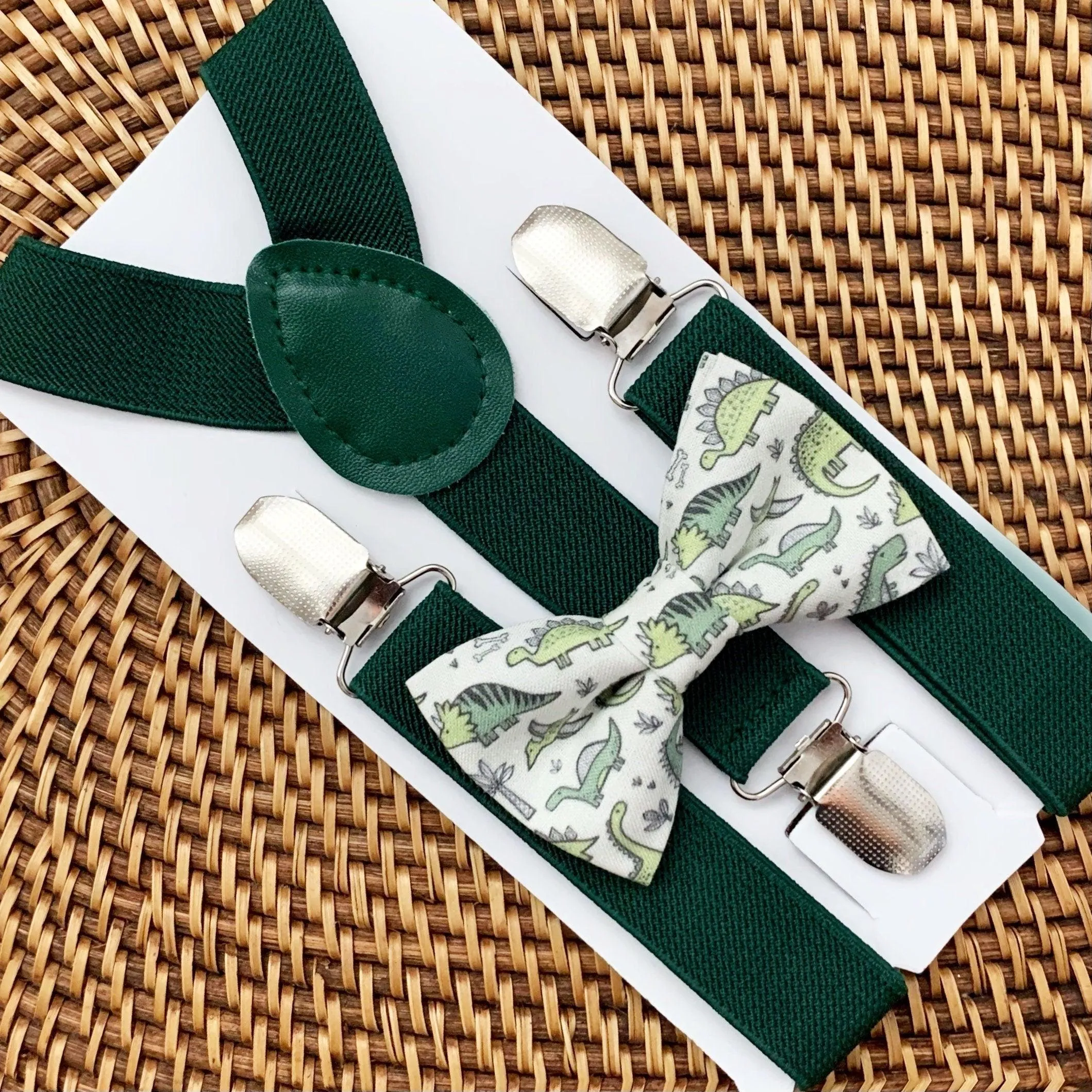 Green Dinosaur Bow Tie & Dark Green Suspenders Set