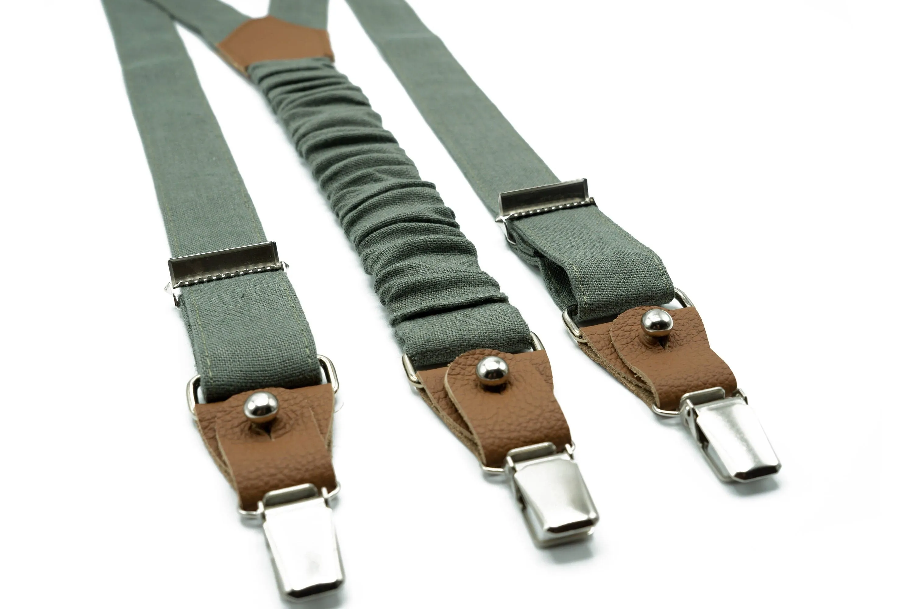 Handmade Eucalyptus Green Linen Bow Tie and Suspenders Set - For Men, Boys and Children - Perfect for Weddings and Special Occasions