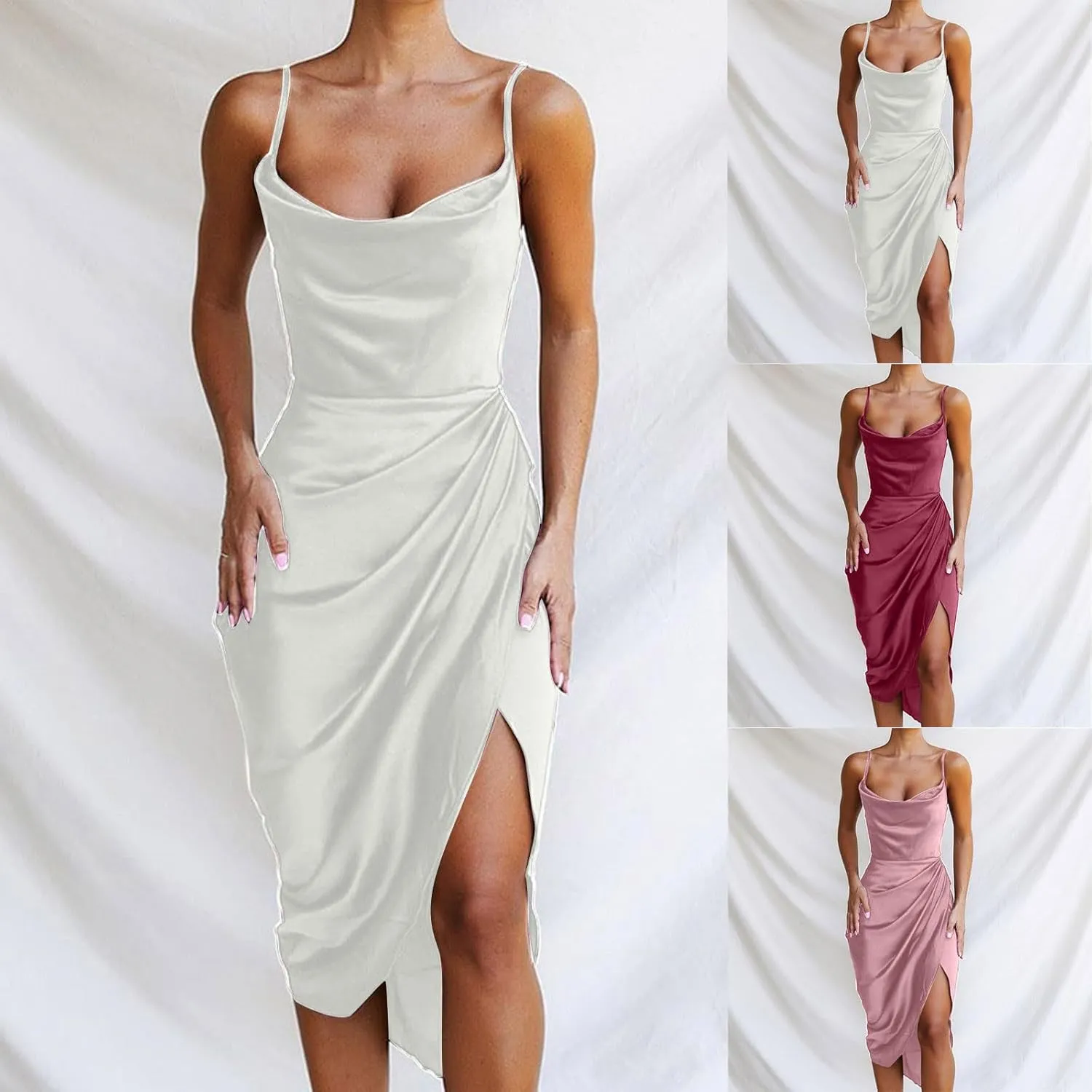 HGps8w Women's Satin Spaghetti Strap Drape Cowl Neck Wrap Cami Dress Formal Wedding Guest Evening Party Cocktai Midi Dresses