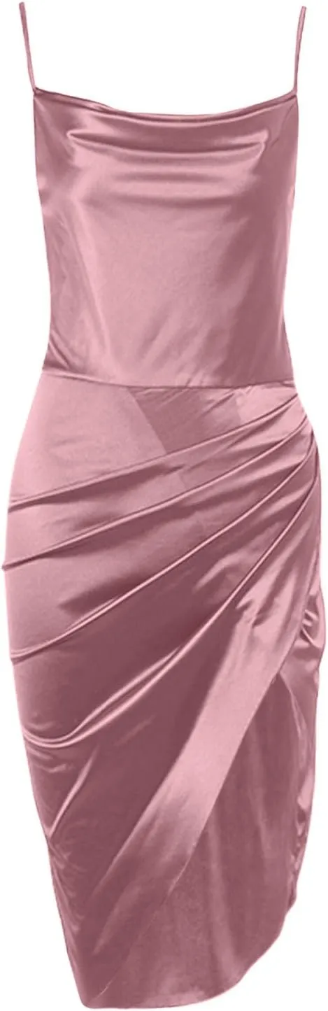 HGps8w Women's Satin Spaghetti Strap Drape Cowl Neck Wrap Cami Dress Formal Wedding Guest Evening Party Cocktai Midi Dresses