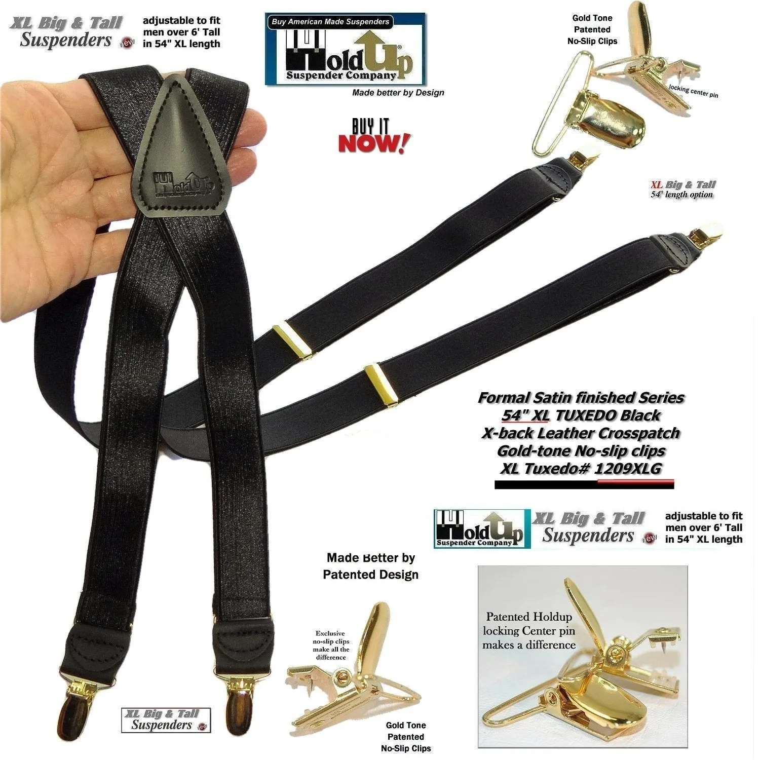 Hold-Ups XL Tuxedo Black Satin Finish 1" Wide, X-back style Suspenders with USA Patented No-slip Gold Clips