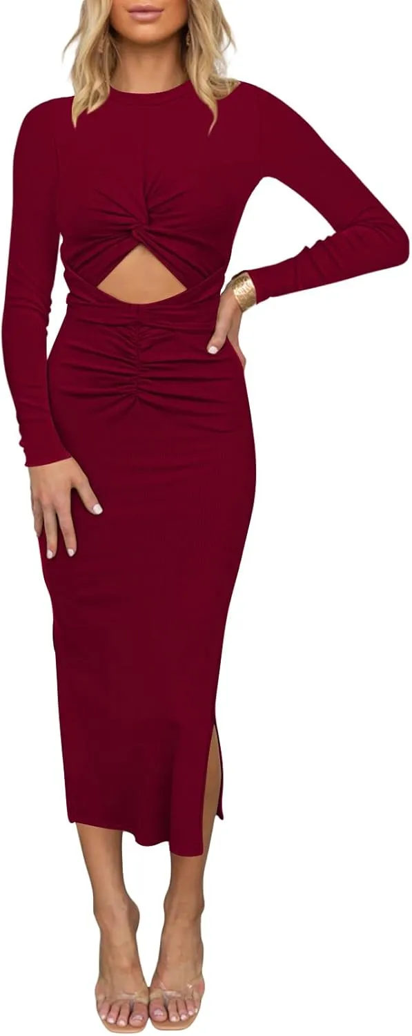 HUUSA Women's Long Sleeve Cutout Bodycon Dress Sexy Crewneck Twist Knot Ruched Slit Slim Fitted Ribbed Knit Midi Dresses