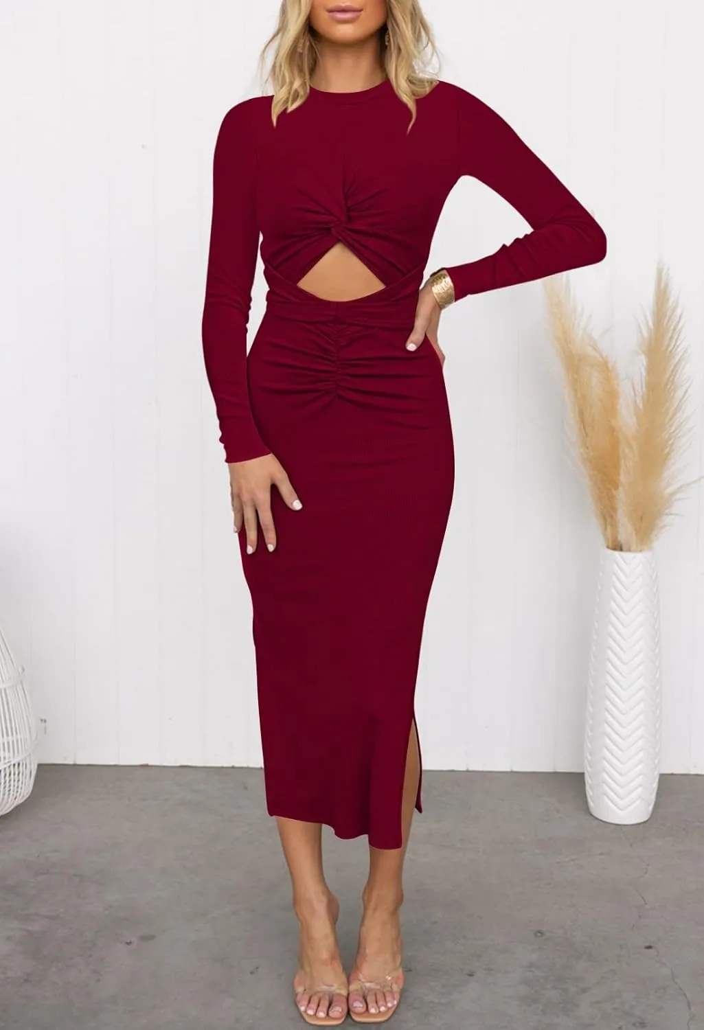 HUUSA Women's Long Sleeve Cutout Bodycon Dress Sexy Crewneck Twist Knot Ruched Slit Slim Fitted Ribbed Knit Midi Dresses