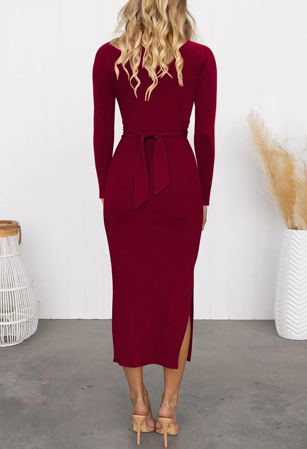 HUUSA Women's Long Sleeve Cutout Bodycon Dress Sexy Crewneck Twist Knot Ruched Slit Slim Fitted Ribbed Knit Midi Dresses