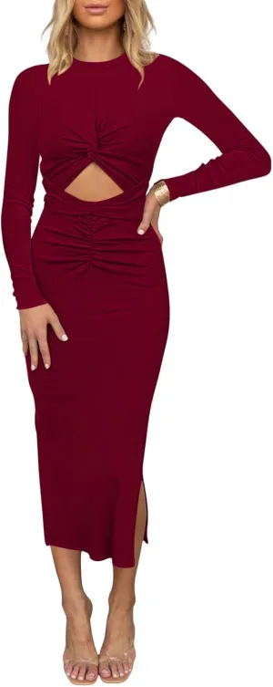 HUUSA Women's Long Sleeve Cutout Bodycon Dress Sexy Crewneck Twist Knot Ruched Slit Slim Fitted Ribbed Knit Midi Dresses