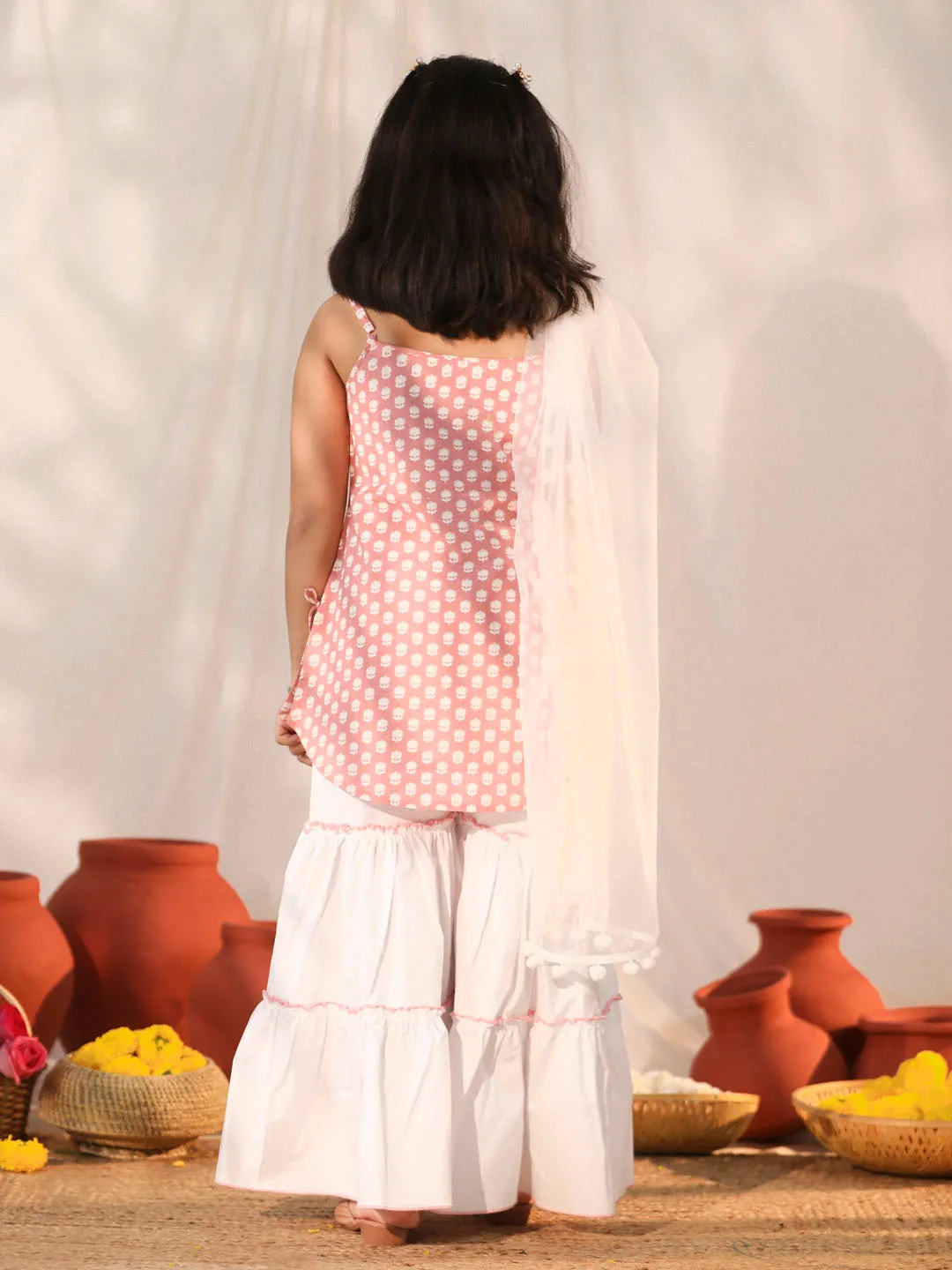 Jashvi Girls' Pink and White Kurta, Sharara and Dupatta Set