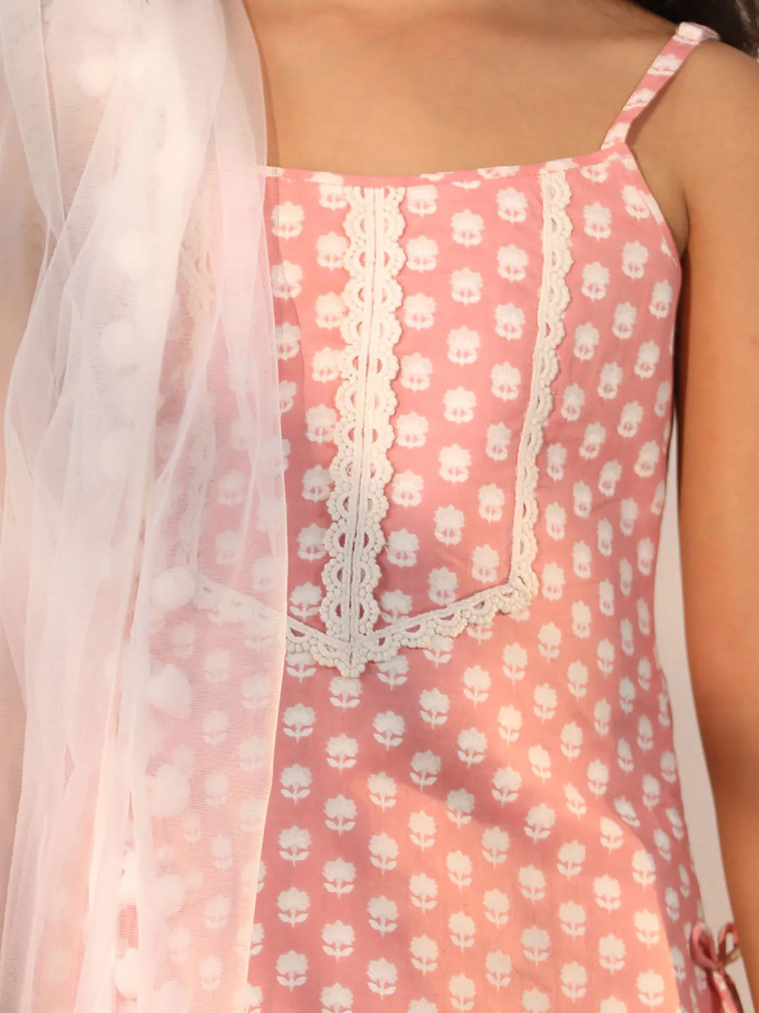 Jashvi Girls' Pink and White Kurta, Sharara and Dupatta Set