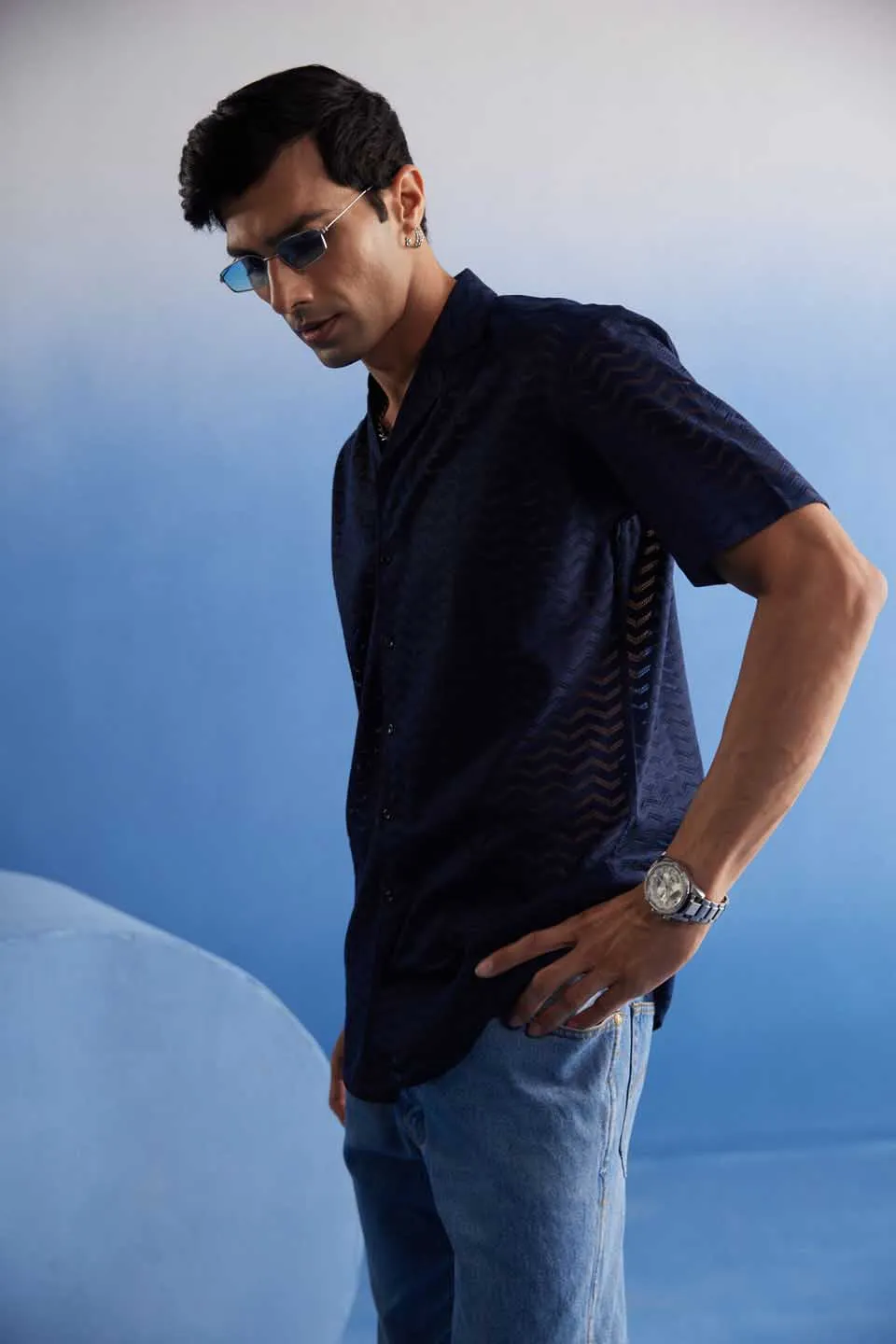 Jashvi Men's Navy Blue Net Shirt
